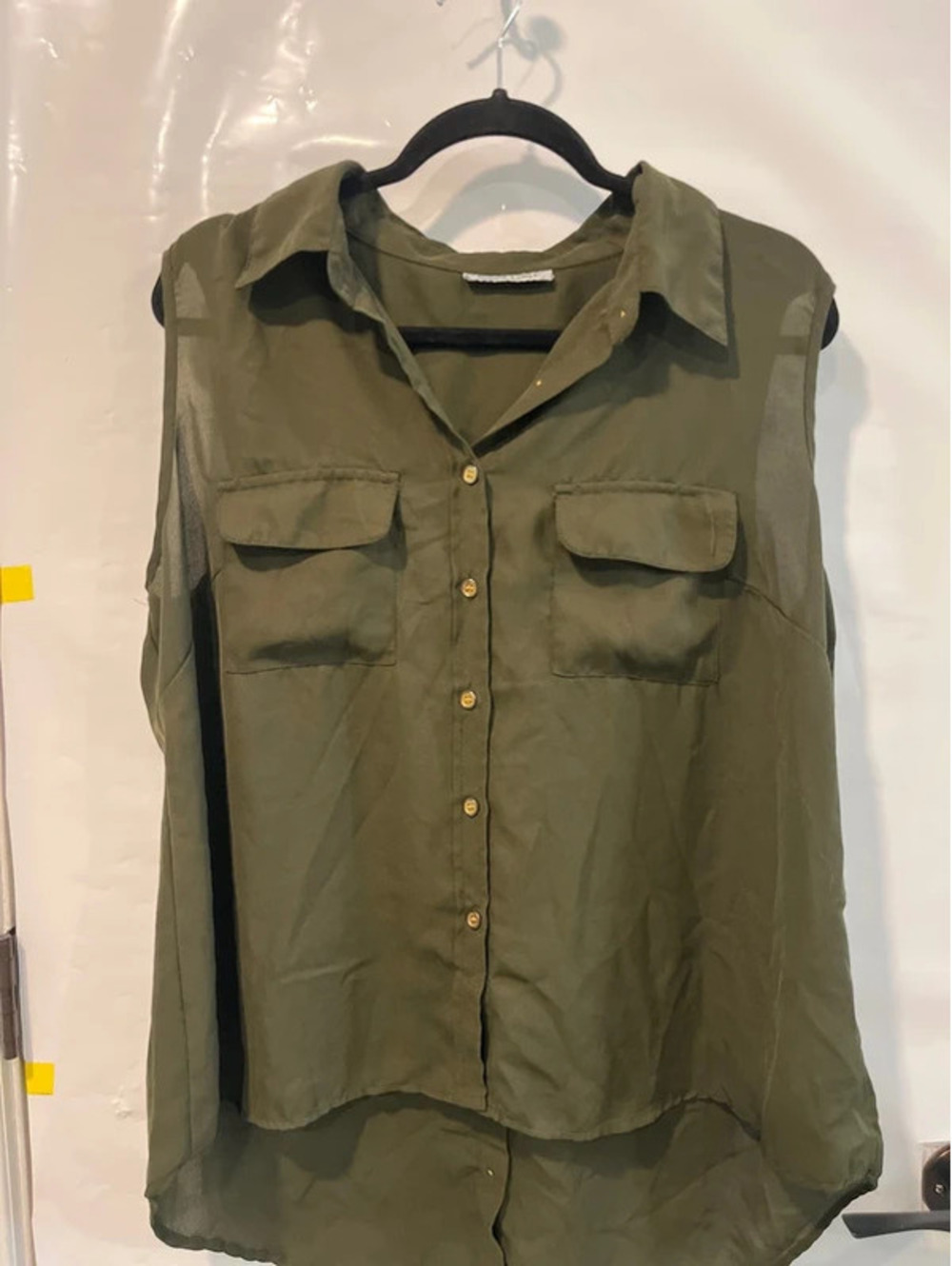 Woman’s Dark green khaki light sleeveless dressy blouse top with buttons